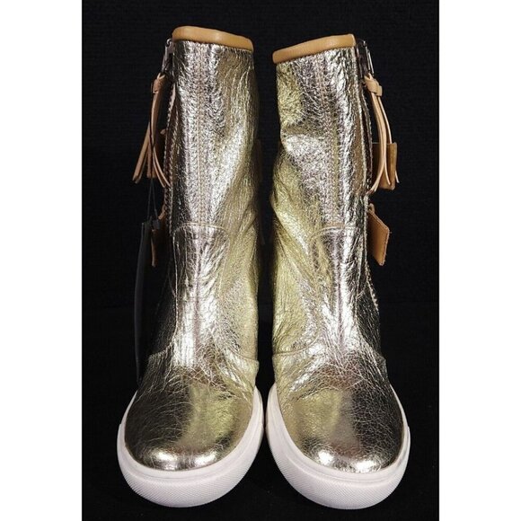 Giuseppe Zanotti Buckle Wedge Leather Sneaker 36 6 Gold Metallic High Top New - Picture 3 of 11
